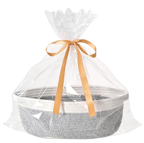 Image of Small Woven Gift Basket Empty - 12 inchx8 inchx5 inch, White & Gray, 2 Packs