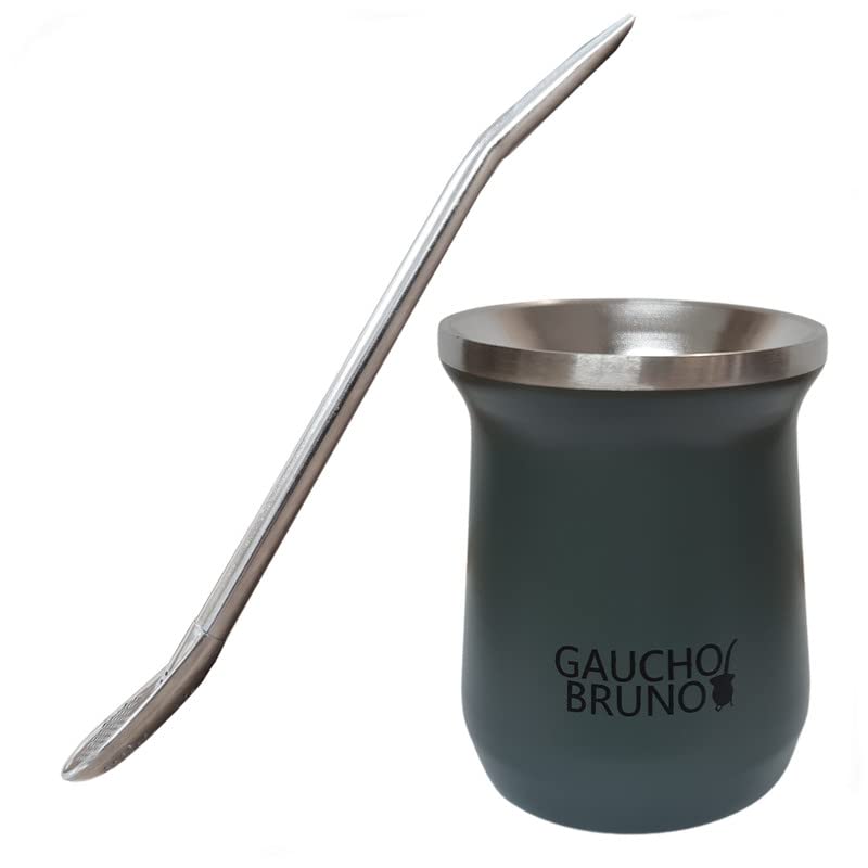 Gaucho Bruno - Stainless Steel Thermal Mate for Drinking Yerba Mate and Bombilla Straw, Gray, Mate+Bombilla
