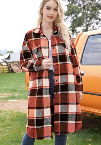Women's 2024 Plaid Shacket Jacket Casual Button Wool Blend Long Tartan Trench Coat with Pockets Fall Winter2