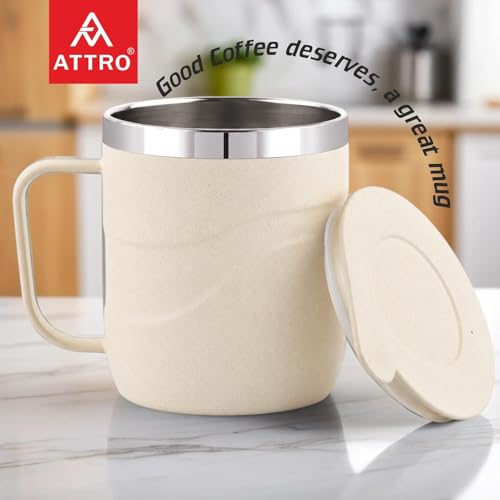 Image of ATTRO Brew Mug - Stainless Steel Inner with eco Friendly Outer Body Durable Stylish, Microwave Safe Coffee,Tea Mug with Handle & Lid, Ideal for Home, Office, Travel & Gifting-300ml-Ivory