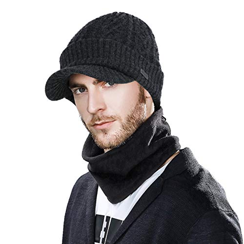 Jeff & Aimy Herren Wintermütze Unisex warme Wolle gestrickte Strickmütze mit Schirm Dicke Beanie Mütze Schal Grau L Cover