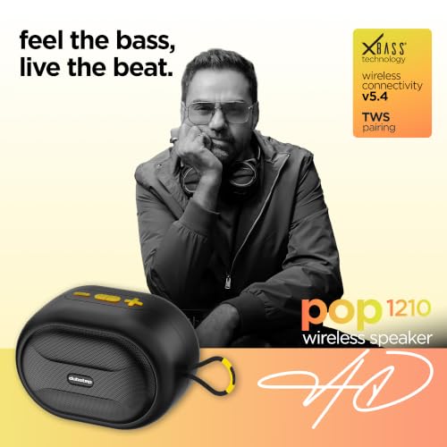 Image of Dubstep Pop 1210 Portable Bluetooth Speaker | 12W Loud Sound, Deep Bass with XBASS, 16 Hrs Playtime, TWS Stereo Pairing, 52mm Driver, Splash-Resistant, Carry Strap (Black)