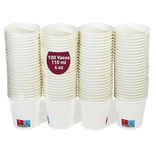 gobecups 100 Vasos desechables 110ml / 4oz de Papel Blanco, vasos cafe desechables, Vasos cartón, vasos cafe