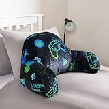 OHS Cuddle Cushion for Kids, Gamer Gifts for Boys Reading Pillow Super Soft Cosy Teddy Fleece Gaming Cushion with Arms Backrest Sit up in Bed Pillow Relaxing Comfy Teen Boy Gifts, Black Neon