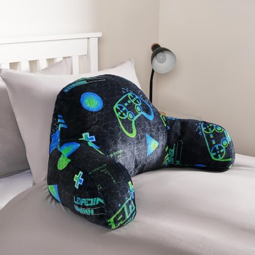 OHS Cuddle Cushion for Kids Gamer Gifts for Boys Reading Pillow Super Soft Cosy Teddy Fleece Gaming Cushion with Arms Back Cushions Sit Up in Bed Pillow Relaxing Comfy Teen Boy Gifts Black Neon