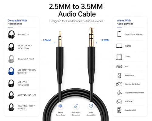 Image of Replacement Audio Cable Cord,Aux Wire 3.5mm to 2.5mm Compatible with Bose QuietComfort QC25 QC35 QC35II QC45 NC700 Soundlink Soundtrue Headphones (No mic)