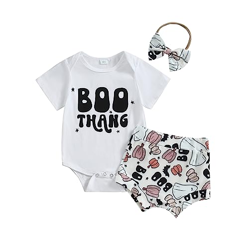 Lamuusaa Newborn Baby Girl Halloween Outfit Hey Boo/Boo Thang Short Sleeve Romper Skull/Ghost Shorts Headband Set 0-18M (Boo Thang, 12-18 Months)