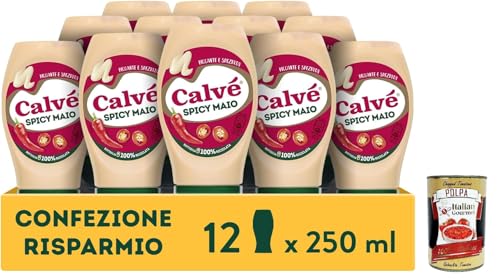 Calvé Maionese Spicy Mayo, 12 unidades de 250 ml, mayonesa con pimiento y pimienta de cayena, salsa picante y picante, ideal para sushi, poke y fritos + polpa italiana gourmet de 400 g