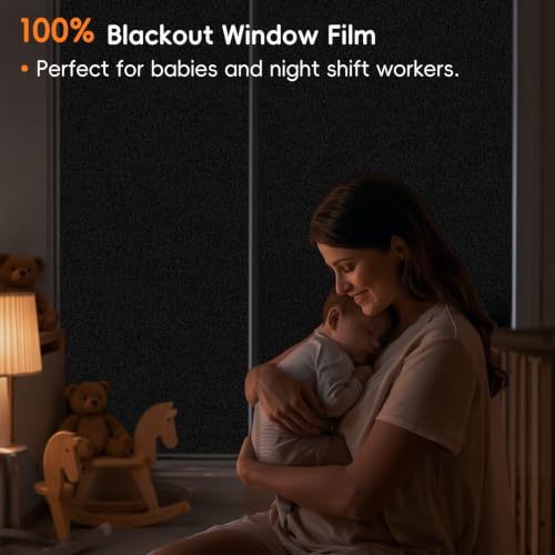 Image of Blackout Window Privacy Film, Removable Window Cover Static Cling, Darkening Light Heat Blocking, Window Tint for Home Garage Bedroom Day Sleep, Black 23.6 Inch * 78.74 Inch