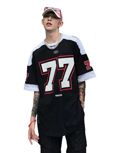 Image of THALASI Men Cotton Jersey Aesthetic Oversized T shirts for Men | Sports Jerseys T-shirts & Half Sleeve Round Neck Printed Tshirt for Mens - Down Shoulder Loose & Baggy Fit Korean T shirt for Man & Boy