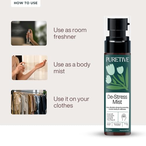 Image of PURETIVE | De-Stress Plant Therapy Scent Mist | Body+Linen+Room | Stress Relief Scent Mist with Essential Oil | Helps to Reduce Stress | Promotes positivity & uplifts mood | 100ml