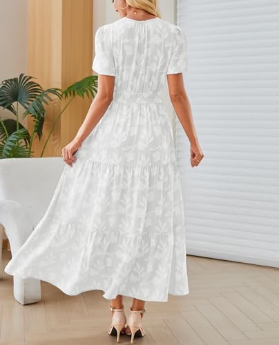 Image of Women's Maxi Dresses Boho Burnout V Neck Short Puff Sleeve Smocked Empire Waist Long Wedding Guest Semi Formal Dress Pockets