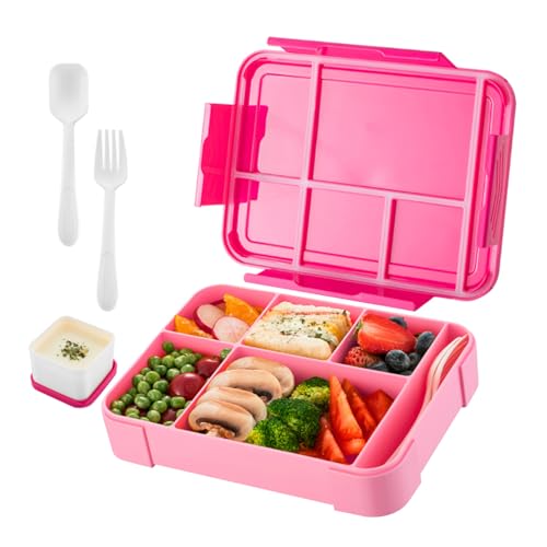 Poforaind Bento Lunch Box for Kids, 1330ML BPA Free Lunch Box with 6 Compartment, Sandwich Box with Dressing Container, Leakproof Snack Box for Kids Adults, Microwave Dishwasher Safe, Pink