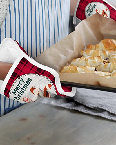 Merry Christmas Santa's Reindeer Pot Holders With Pocket For Kitchen, Heat-Resistant Potholders Set Of 2, Hot Pads Oven Mitts With Hanging Loops For Home Cooking Baking Microwave, Buffalo Check #TOP5