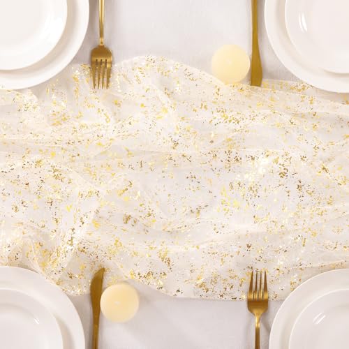 Image of Beige Gold Glitter Table Runner Sheer Gauze Foil Table Runner 120 Inch