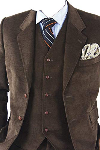 GATMSTZ Men's Trendy Regular Fit 3 Piece Suit Corduroy Wedding Blazer Vest Pants(Dark Brown,46R)2