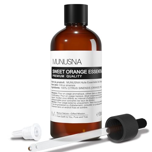 Huile Essentielle Orange Douce 100ML, MUNUSNA Huile Essentielle Naturelle Pure pour Calme et Paix - Huile d’Orange pour Diffuseur d’Arômes, Brûleur,...