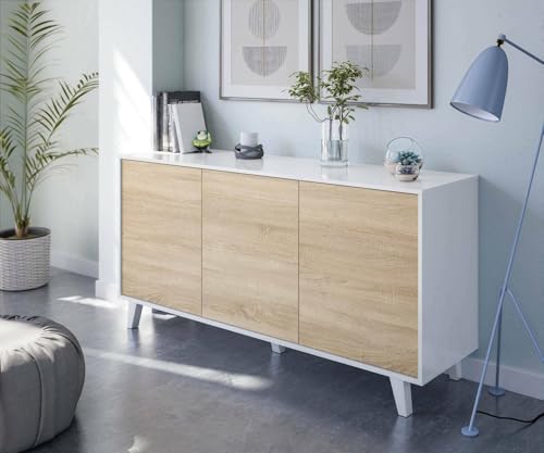 Dmora - Credenza Arvada, Buffet da cucina, Armadio di design da soggiorno, Madia moderna a 3 ante e ripiani, 154x40h75 cm, Bianco e Rovere
