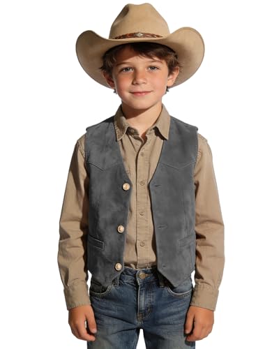 Image of Retro Boys Western Cowboy Vest for Kids Leather Suede Waistcoat | vintage dress vests, welt pockets, v-neck, adjustable waist, formal slim fit, wedding outfit, farm christmas birthday prom