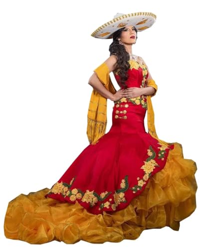 Yellow Floral Flower Pattern Lace Mermaid Formal Wedding Quinceanera Graduation Dresses with Gold Buttons Ruffle Satin Organza Corset Red and Gold Designer Trumpet 18W