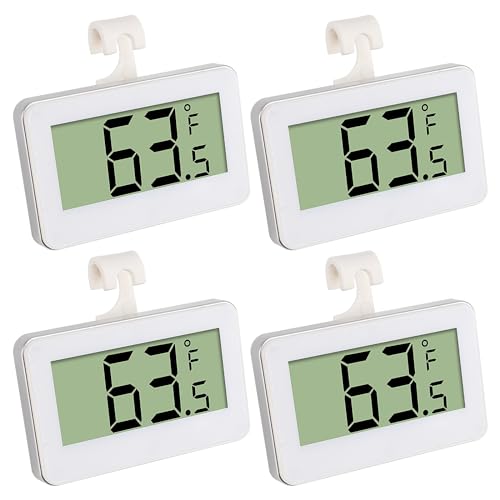 JUZITAO 4PCS Refrigerator Fridge Thermometer Digital Freezer Room Thermometer Waterproof Indoor Thermometer with Hook, Large LCD Display White