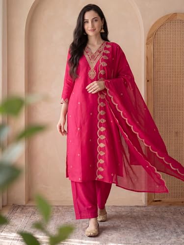 Image of INDO ERA Women's Black Silk Blend Embroidered Mirror Work Kurta & Pant with Dupatta Set (IEDDAI484)