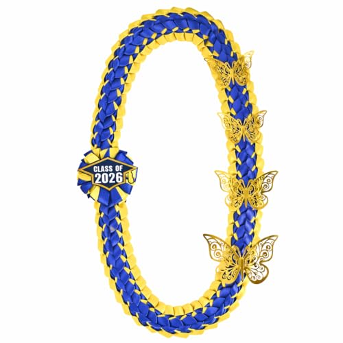 Graduation Lei Class of 2026 Ribbon Leis with 12 Gold 3D Butterflies