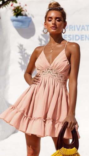 Image of ECOWISH Summer Dresses for Women 2026 V-Neck Spaghetti Strap Bowknot Backless Sleeveless Lace Mini Swing Skater Dress