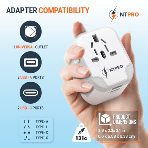 NTPRO Universal Travel Adapter-10A International Travel Adapter with 2 USB-C, 2 USB-A Ports (5-in-1), 5V-3.4A Fast Charging, Worldwide Plug Adapter for USA EU UK AUS, 2400W Max, Covers 200+ Countries by NTPRO - Used condition - Image 6