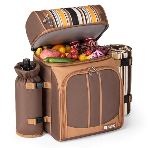 ALLCAMP Picnic Backpack - Insulated Cooler Bag with Compartment, Detachable Wine Glass Holder, Throw Blanket & Cutlery Set,2 Person Picnic Set for Family Outings, Couple Gifts (Brown)