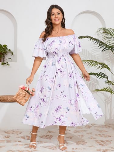 Image of Plus Size Maxi Dress Off The Shoulder Ruffle Smocked Wedding Guest Cocktail Slit Hem Flowy Dresses for Curvy Women