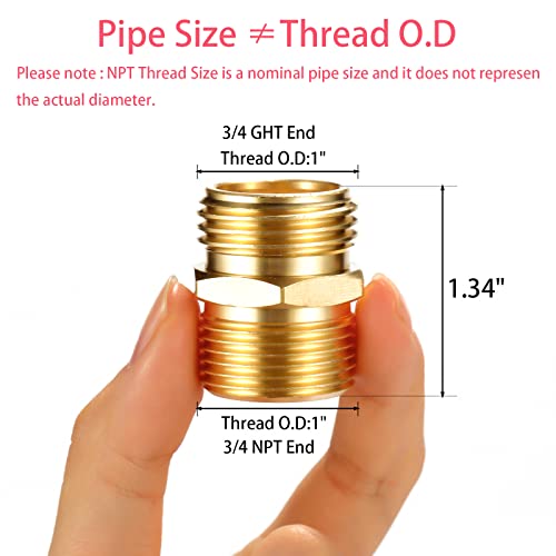 2 Pack 3/4" GHT to 3/4" NPT Male Connector, Brass Garden Hose Fitting, Male Hose Adapter - Thumbnail 2