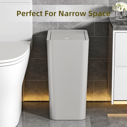 Image of 4 Gallon Bathroom Trash Can with Lid, 15 Liters Slim Garbage Can with Press Top, Dorm Room Small Trash Bin, Plastic Waste Basket for Bathroom, Office, Bedroom, Kitchen, Living Room, Laundry-Gray