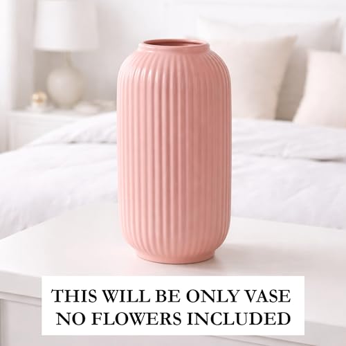 Image of Art Street Modern Ribbed Ceramic Flower Vase | Pink Decorative Boho Vase for Living Room, Bedroom & Office Dcor - (Flower not Included) 5x9 Inch