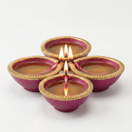 Image of Pure Source India Traditional Handmade Earthen Clay Big Size Diya for Laxmi Poojan, 4 Pieces | Elegant Blue Color (4 Pieces) - Premium Terracotta Akhand Jyot for Diwali, Puja & Festive Decor (Pink)