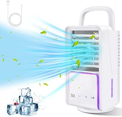 GISUKA Portable Air Conditioner Fan with 3 speed, 2 Humidify Modes, 7 Colors LED, Up to 12 H Timer, Quiet Air Humidifier, Evaporative Personal Air Cooler for Bedroom, Living Room, Office, Camping