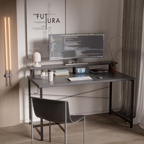 Image of Pamray 47 Inch Small Computer Desk with Monitor Stand, Simple Office Desk with Headphone Hook for Small Spaces, Kids Study Writing Table for Bedroom, Grey