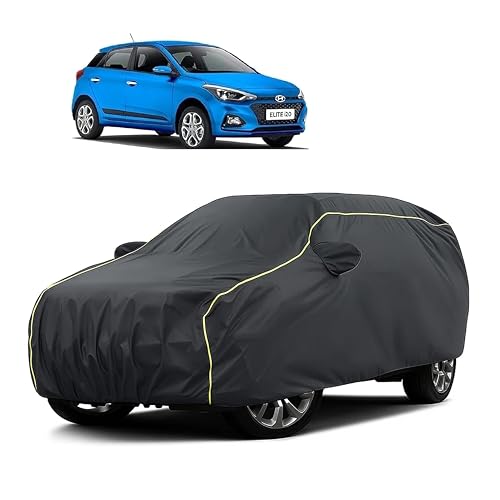 Image of Sulfar 100% Water Resistant Car Body Cover Compatible with Mirror for Hyundai Elite i20 (Triple Stitched, Full Bottom Elastic, Dark Grey Taffeta with Yellow Piping)