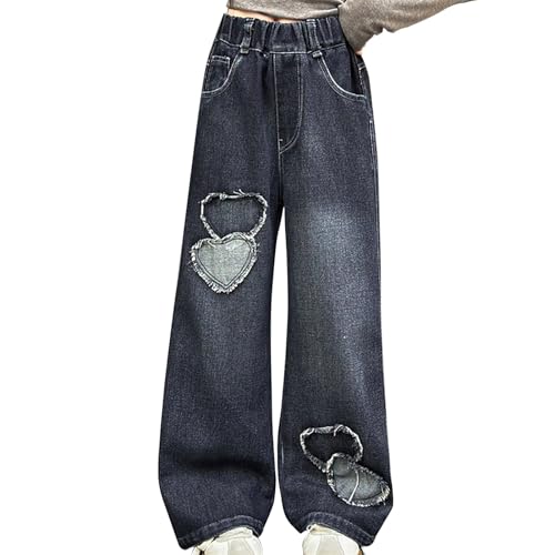 Wide Leg Jeans for Girls Baggy Elastic Waist Heart Applique 𝗩intage Denim Pants Casual Trousers with Pocket2