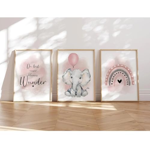 MeinBaby123 I Bilder Kinderzimmer | 3er Set DIN A4 Poster Set | Wandbilder Deko Bilder für Kinderzimmer Mädchen & Junge | Wandposter Premium (Elefant & Ballon Rosa)