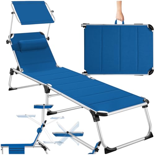 tectake® Sdraio da Mare, Sdraio da Spiaggia Pieghevole con Parasole, Sdraio da Giardino con Schienale Regolabile in 6 Posizioni, Cuscino Poggiatesta Removibile e Tasca Laterale - Blu