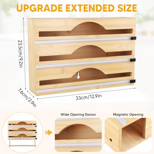 Bamboo 5-in-1 Cling Film & Tin Foil Dispenser with Kitchen Roll Holder & Hooks - 33cm Organiser Storage Cutter - Image 3