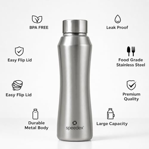 Image of Speedex Stainless Steel Water Bottle 1 Ltr, Leak Proof Screw Cap, BIS Approved 1000 ml Metal Bottle For Daily, Office, School, Gym, Travel Use for Men, Women, Kids, Adults, Silver, Set of 2