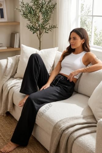 Image of Stylbase Women's Wide Leg Track Pants - Elastic Drawstring Waist - Soft Breathable Cotton Cambric Relaxed Fit Lounge & Travel Trousers for Women & Girls