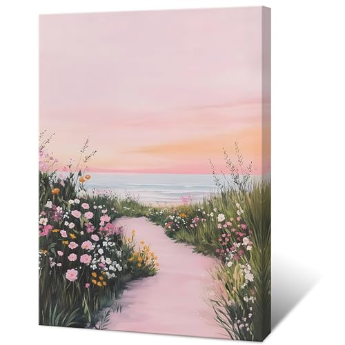 Trendy Pastel Pink Coastal Wildflower Path Canvas Poster Print Modern