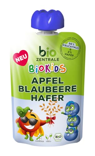 biozentrale BioKids Quetschies Apfel Banane Blaubeere Hafer | 12 x 90g | Veganer Frucht-Hafer-Snack | Fruchtmus ohne Kristallzuckerzusatz