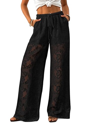 Bsubseach Women Crochet Beach Cover Up Pants Sheer Wide Leg Drawstring Summer Swimsuit Coverup Long Pants with Pockets