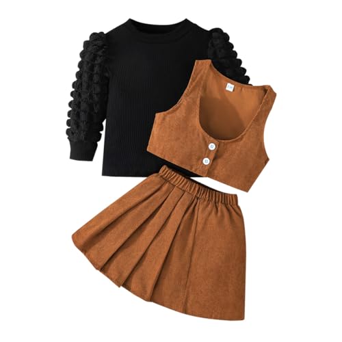 Image of Toddler Girls Christmas Outfits Girls Puff Sleeve Knit Ribbed Tops Button Down Vest Plaid Skirt Set Winter Clothes