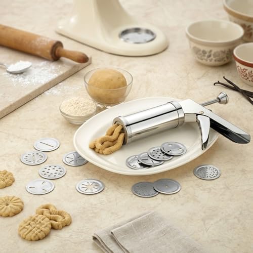 Image of we3 Stainless Steel Kitchen Press with 15 Different Types of Jalies Sev Maker, Idiyappam Press, Murukku Machine, Noodle & Namkeen Maker, Gathiya Maker Multipurpose Snack Maker