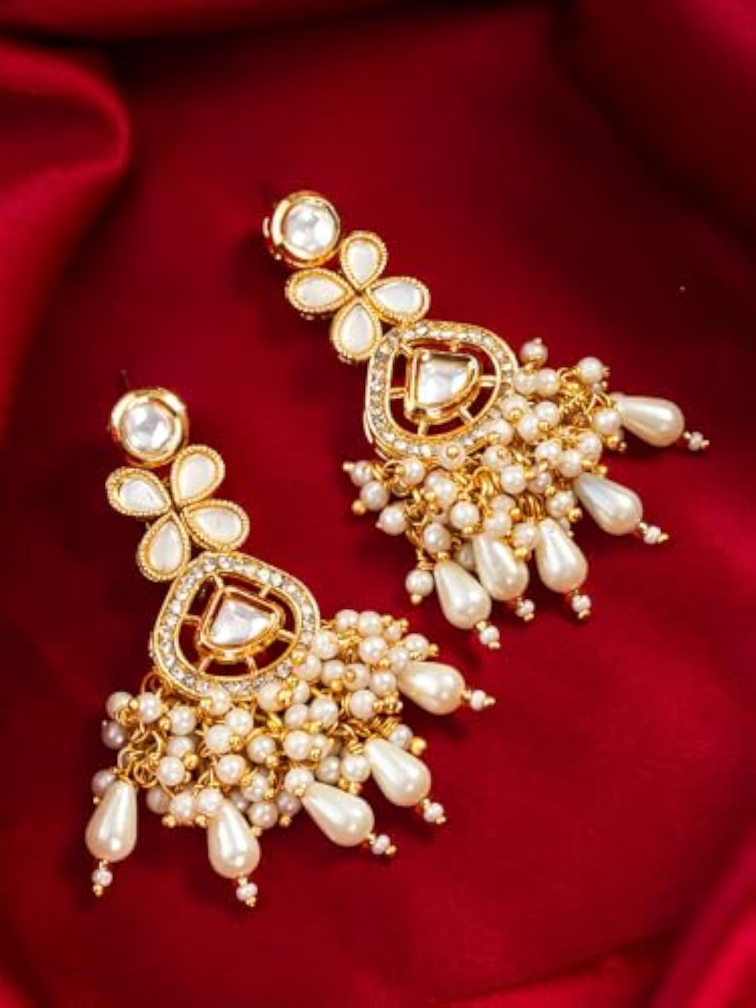 Gold Plated Kundan Earrings with Pearl Drops